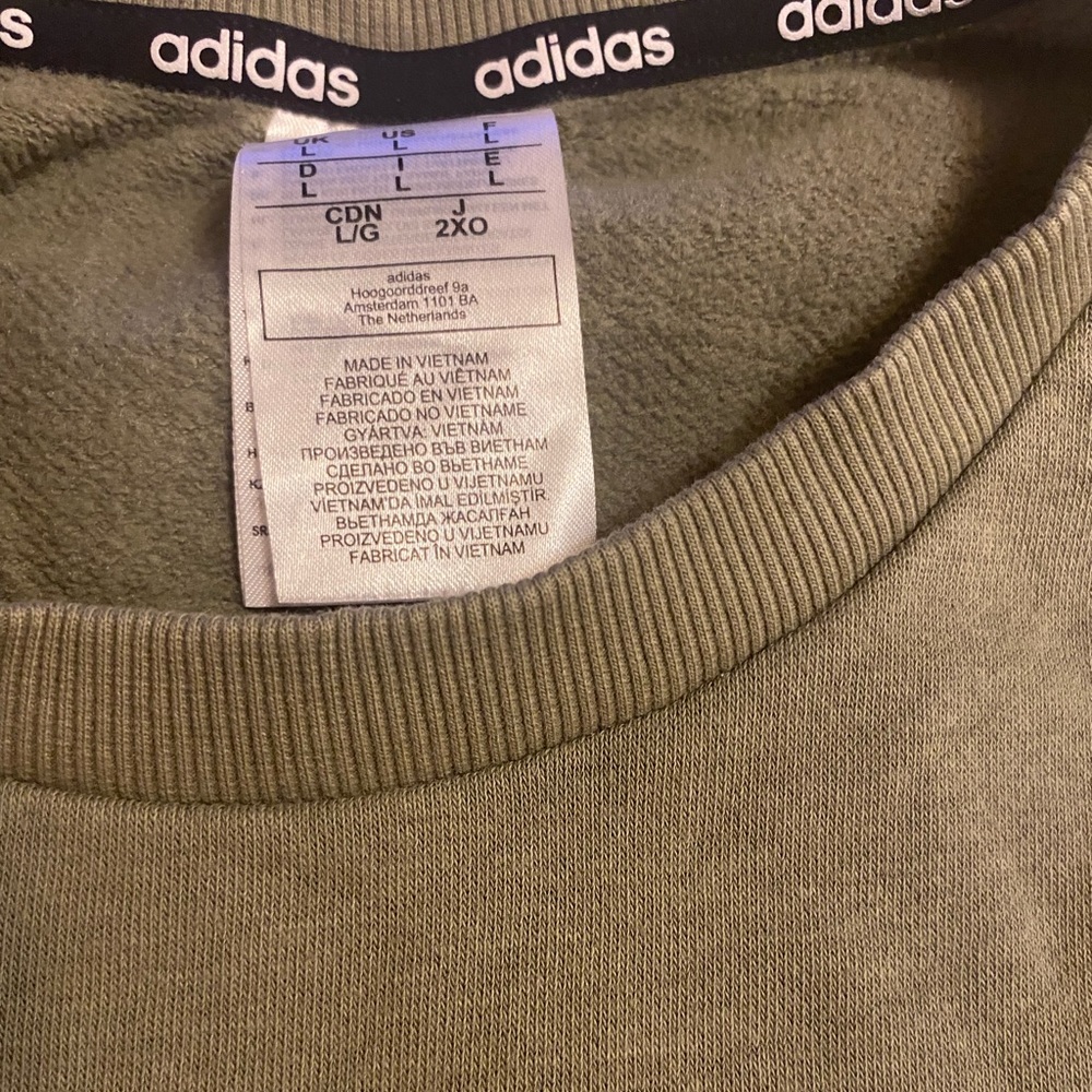 Adidas crew neck sweater, army green with signature three stripes, EUC, $30 - Picture 3 of 7